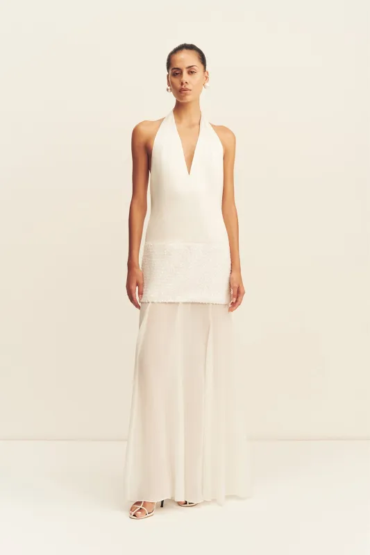 BIANCA HALTER PLUNGED MAXI DRESS - IVORY made by Shona Joy