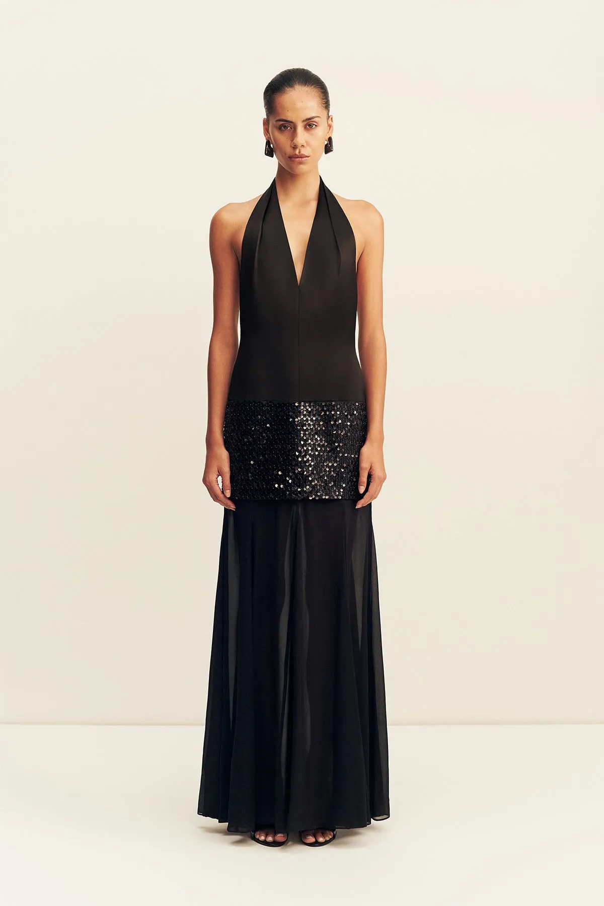 BIANCA HALTER PLUNGED MAXI DRESS - BLACK sold by Shona Joy