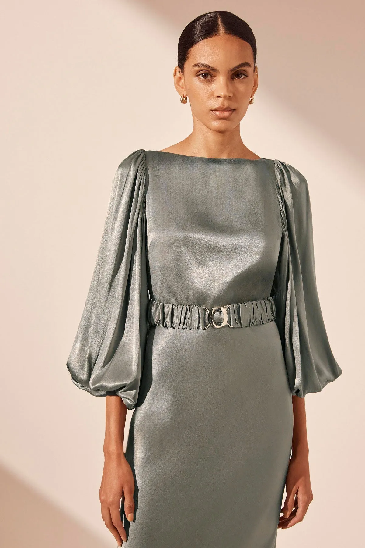 LA LUNE BALLOON SLEEVE MIDI DRESS WITH BELT - SAGE sold by Shona Joy product image thumbnail 2