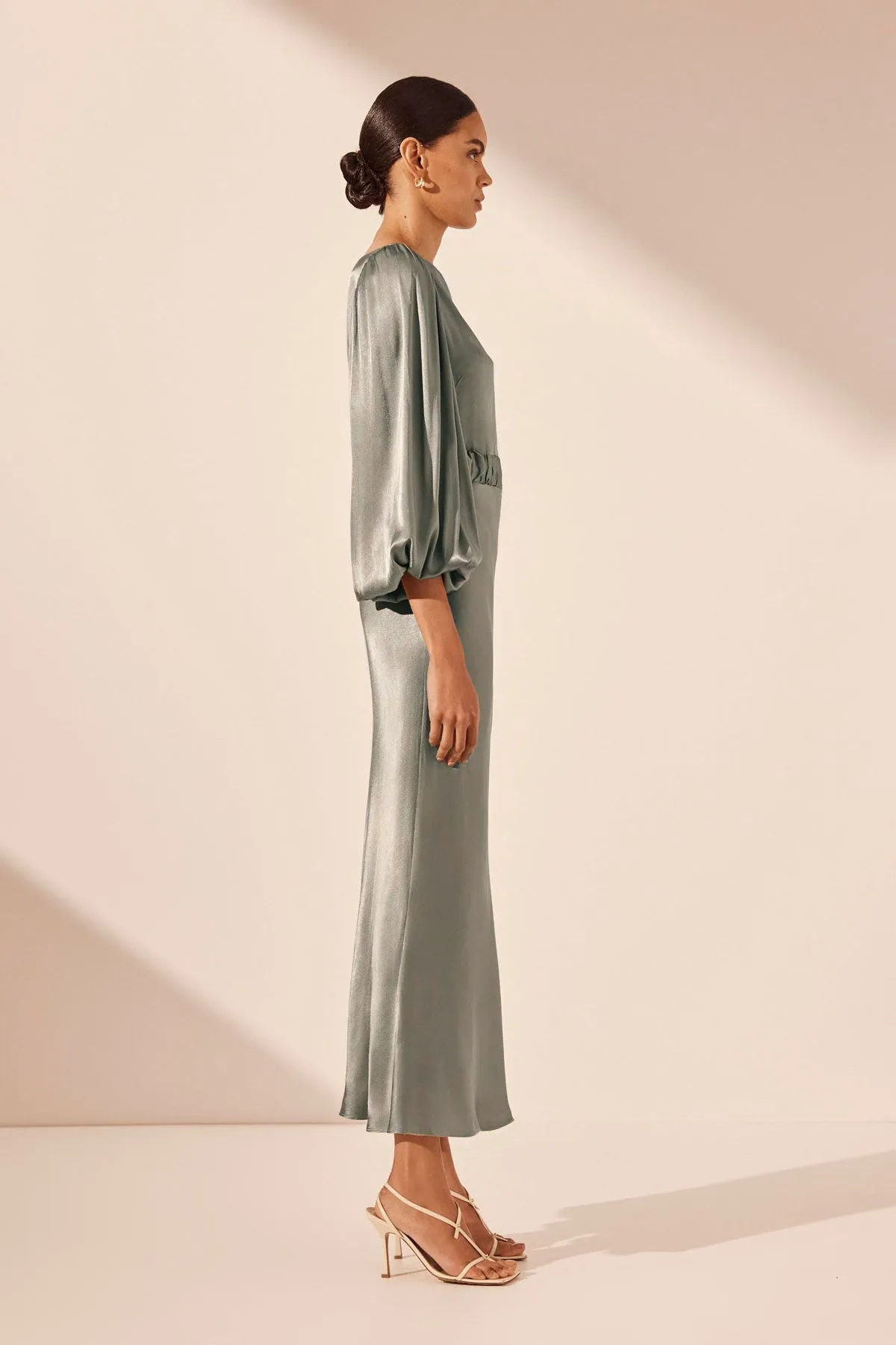 LA LUNE BALLOON SLEEVE MIDI DRESS WITH BELT - SAGE sold by Shona Joy product image thumbnail 4