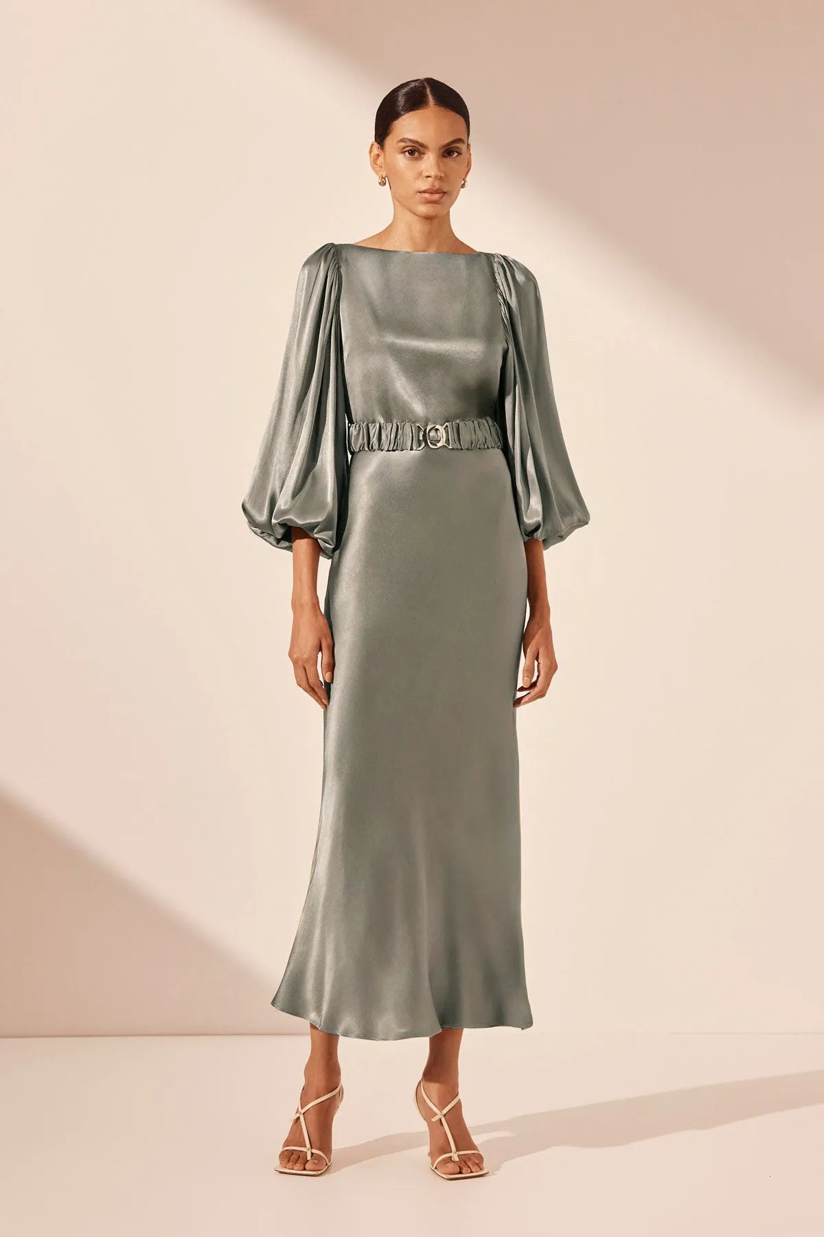 LA LUNE BALLOON SLEEVE MIDI DRESS WITH BELT - SAGE sold by Shona Joy