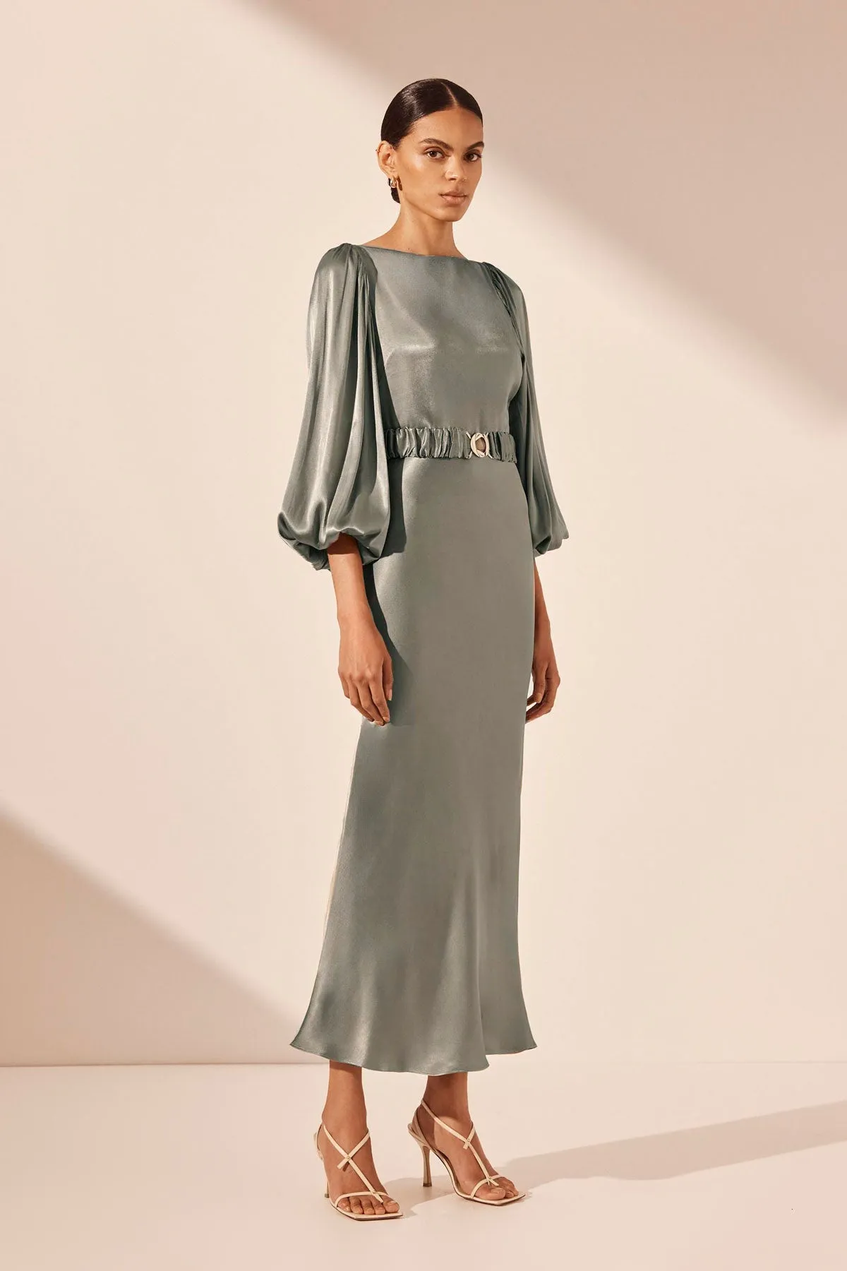 LA LUNE BALLOON SLEEVE MIDI DRESS WITH BELT - SAGE sold by Shona Joy product image thumbnail 3