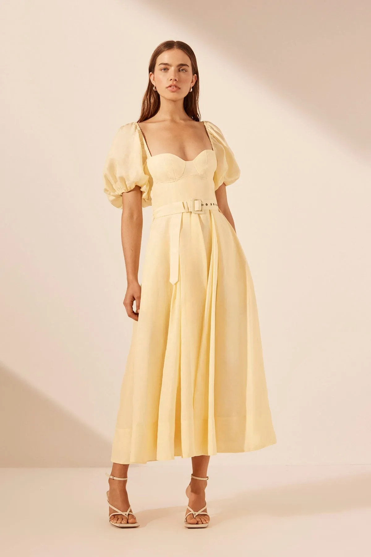 LIMON PUFF SLEEVE BUSTIER MIDI DRESS WITH BELT sold by Shona Joy