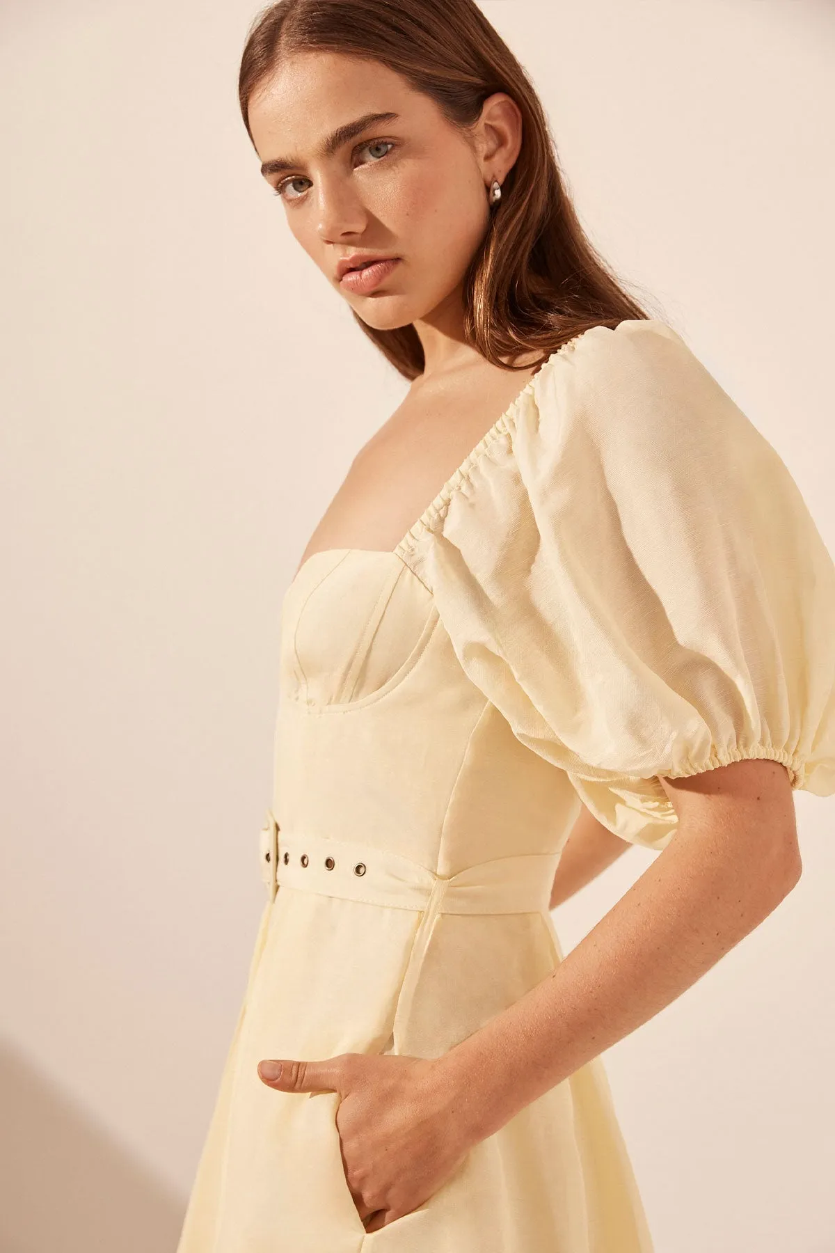 LIMON PUFF SLEEVE BUSTIER MIDI DRESS WITH BELT sold by Shona Joy product image thumbnail 2