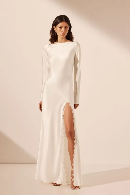 LA LUNE CUMULUS SILK BACKLESS LACE SPLIT MAXI DRESS - IVORY made by Shona Joy