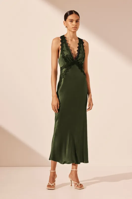 CAMILLE LACE CROSS BACK MIDI DRESS - FERN/ BLACK sold by Shona Joy