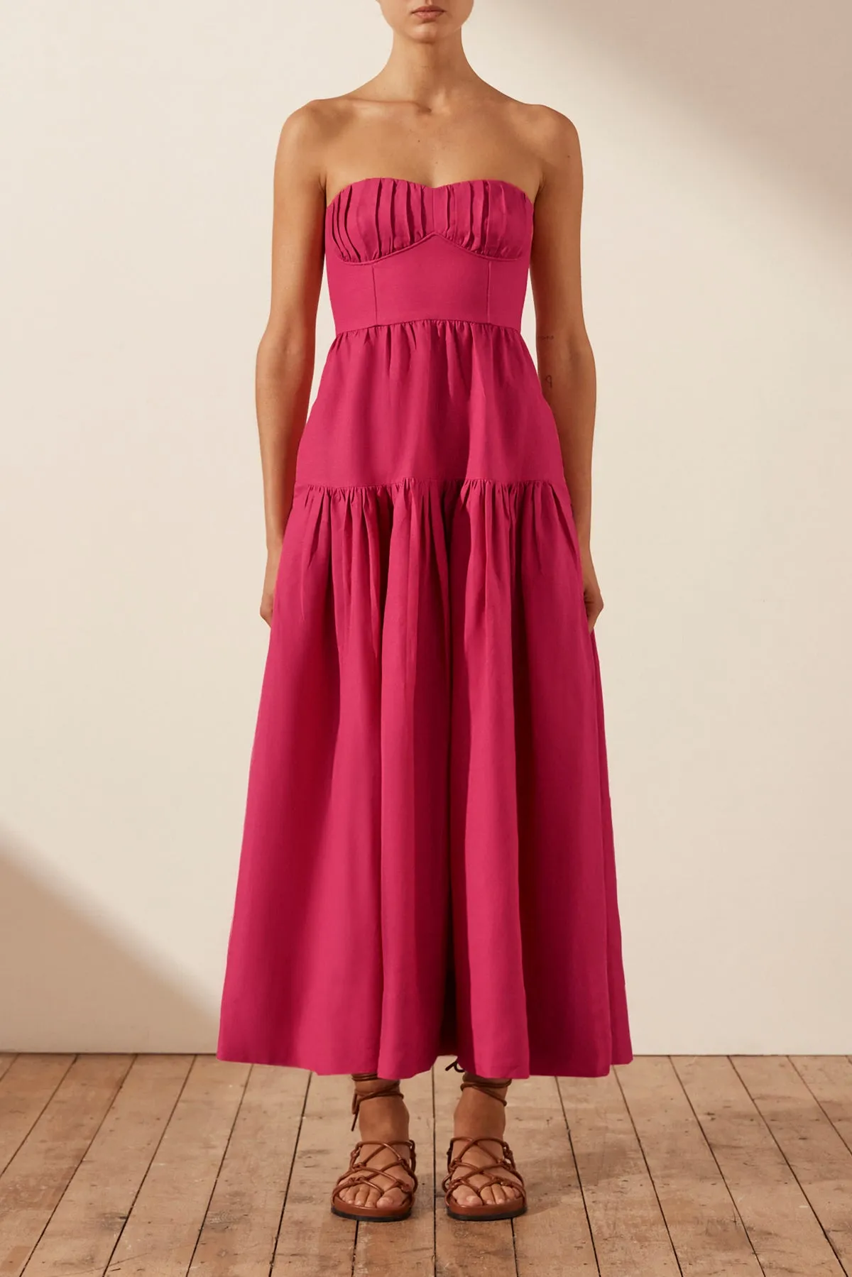JOANINE LINEN STRAPLESS RUCHED MIDI DRESS - AZALEA PINK sold by Shona Joy