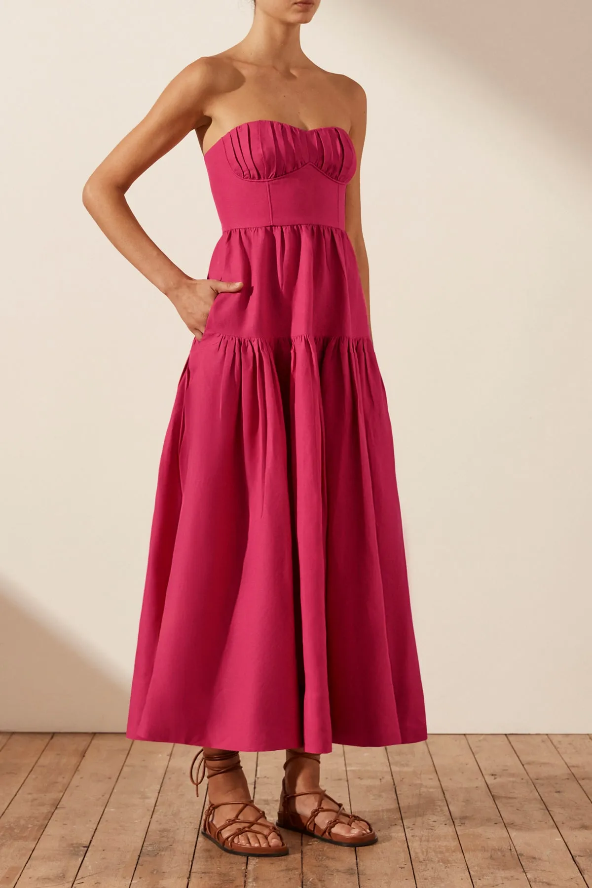 JOANINE LINEN STRAPLESS RUCHED MIDI DRESS - AZALEA PINK sold by Shona Joy product image thumbnail 2
