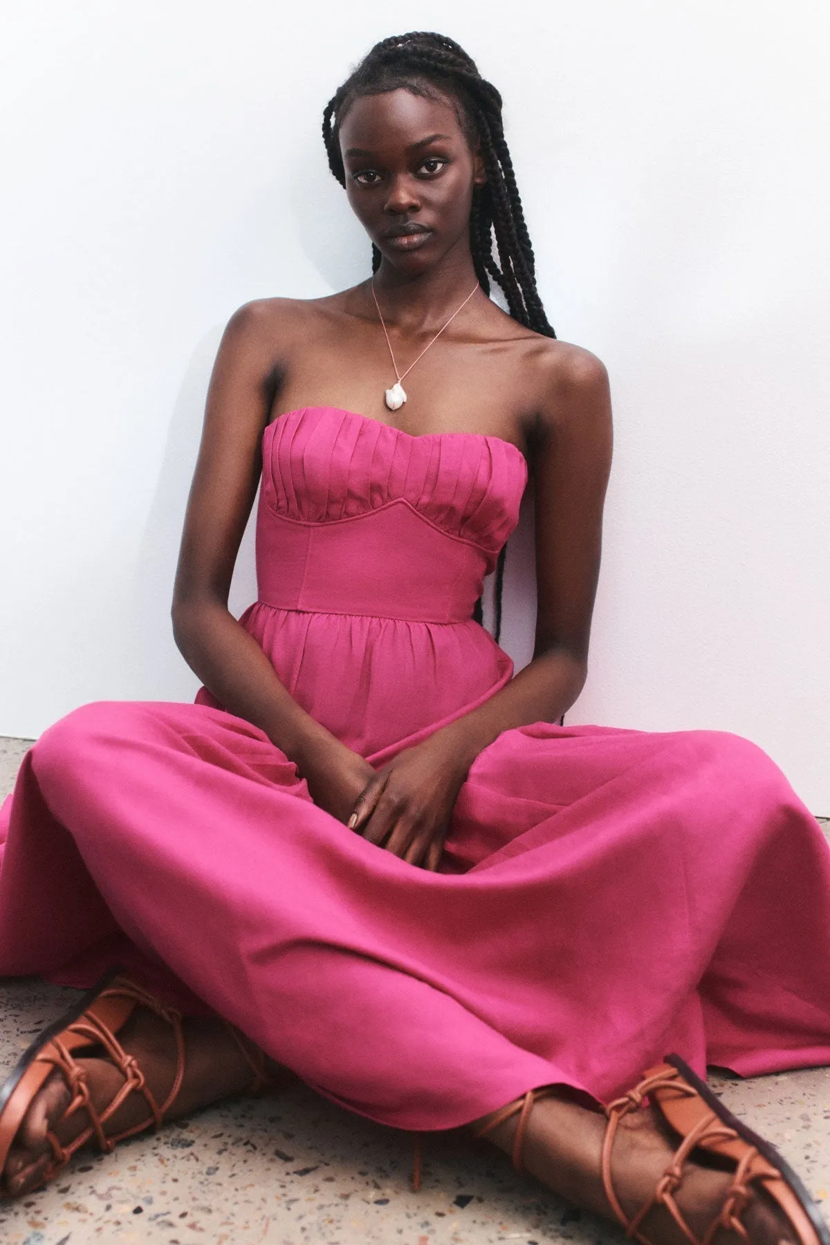 JOANINE LINEN STRAPLESS RUCHED MIDI DRESS - AZALEA PINK sold by Shona Joy product image thumbnail 5