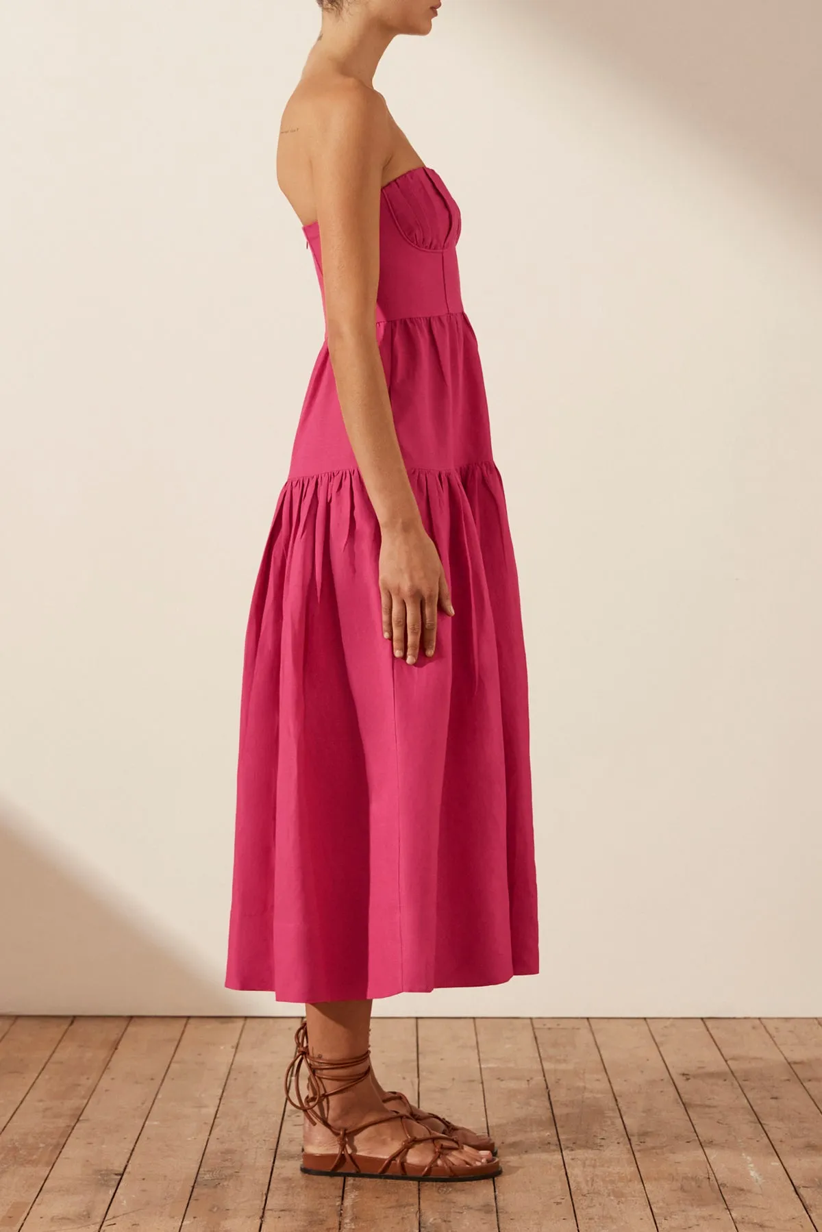 JOANINE LINEN STRAPLESS RUCHED MIDI DRESS - AZALEA PINK sold by Shona Joy product image thumbnail 3
