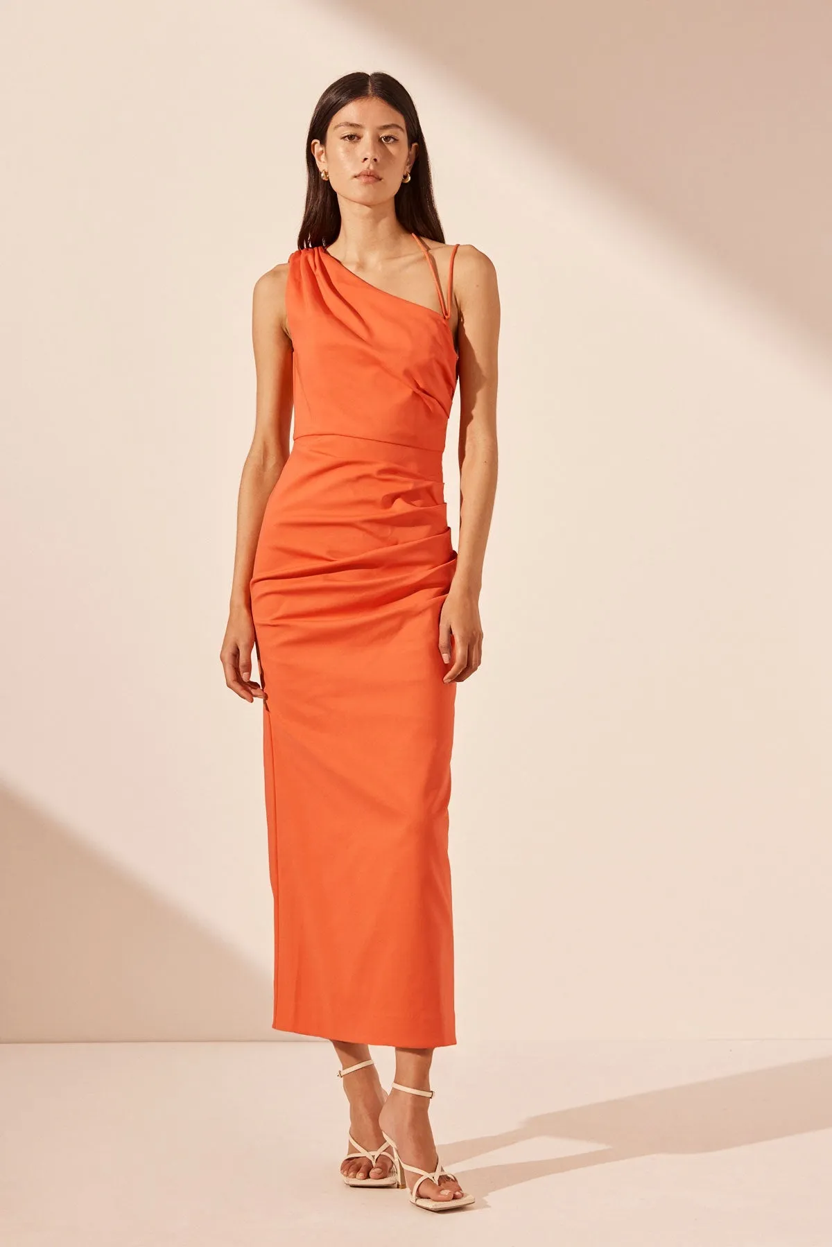 LANI ASYMMETRICAL GATHERED MIDI DRESS - HIBISCUS sold by Shona Joy