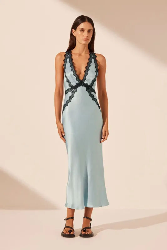 CAMILLE LACE CROSS BACK MIDI DRESS - COOL BLUE/BLACK sold by Shona Joy