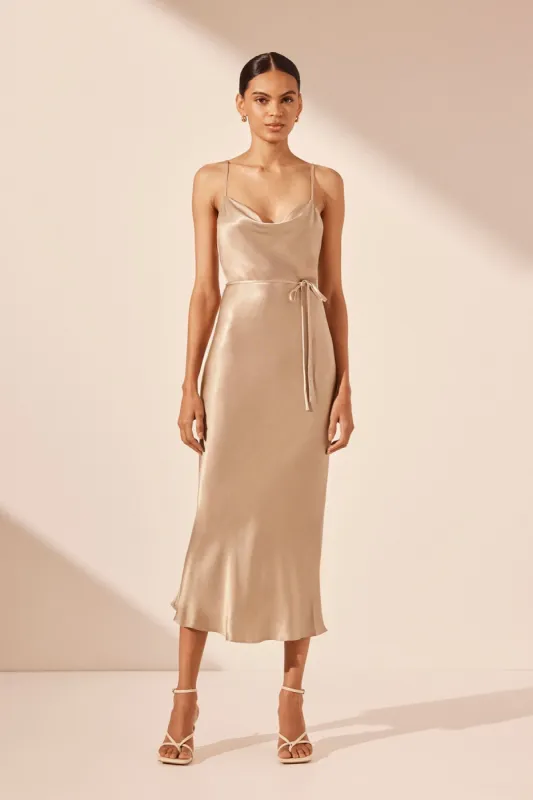 LA LUNE BIAS COWL MIDI DRESS - GOLD sold by Shona Joy