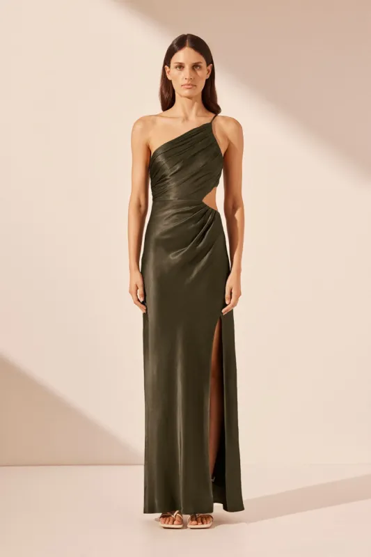 LA LUNE ASYMMETRICAL GATHERED MAXI DRESS - FOREST sold by Shona Joy