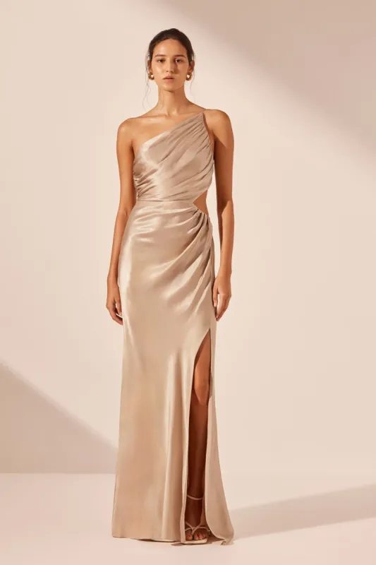 LA LUNE ASYMMETRICAL GATHERED MAXI DRESS - GOLD sold by Shona Joy