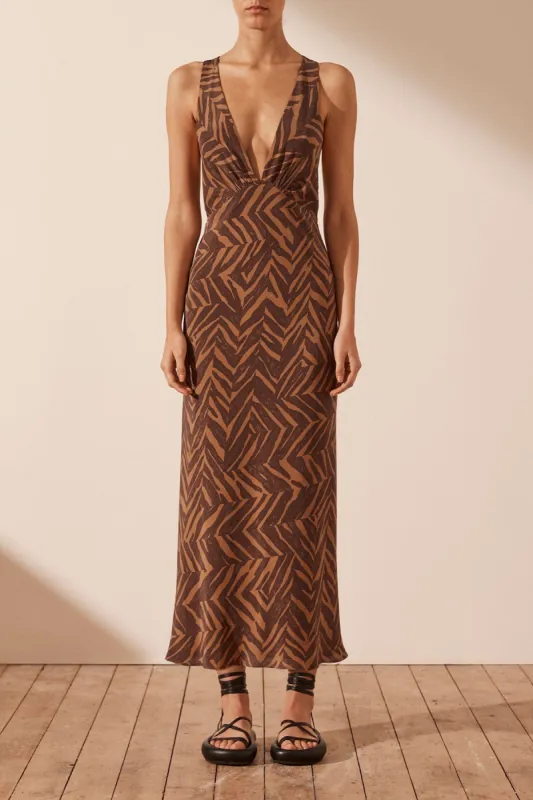 ALENE SILK PLUNGED CROSS BACK MIDI DRESS sold by Shona Joy