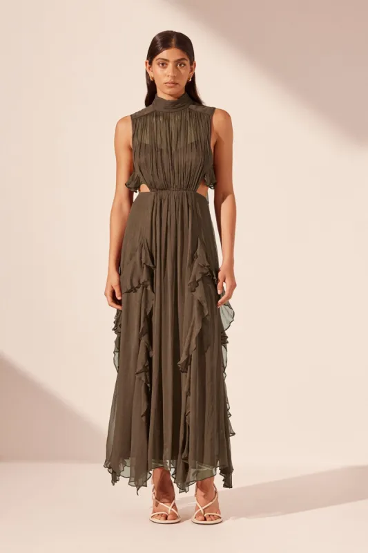 ODEN PLUNGE BALLOON SLEEVE MAXI DRESS - OLIVE | Parallel