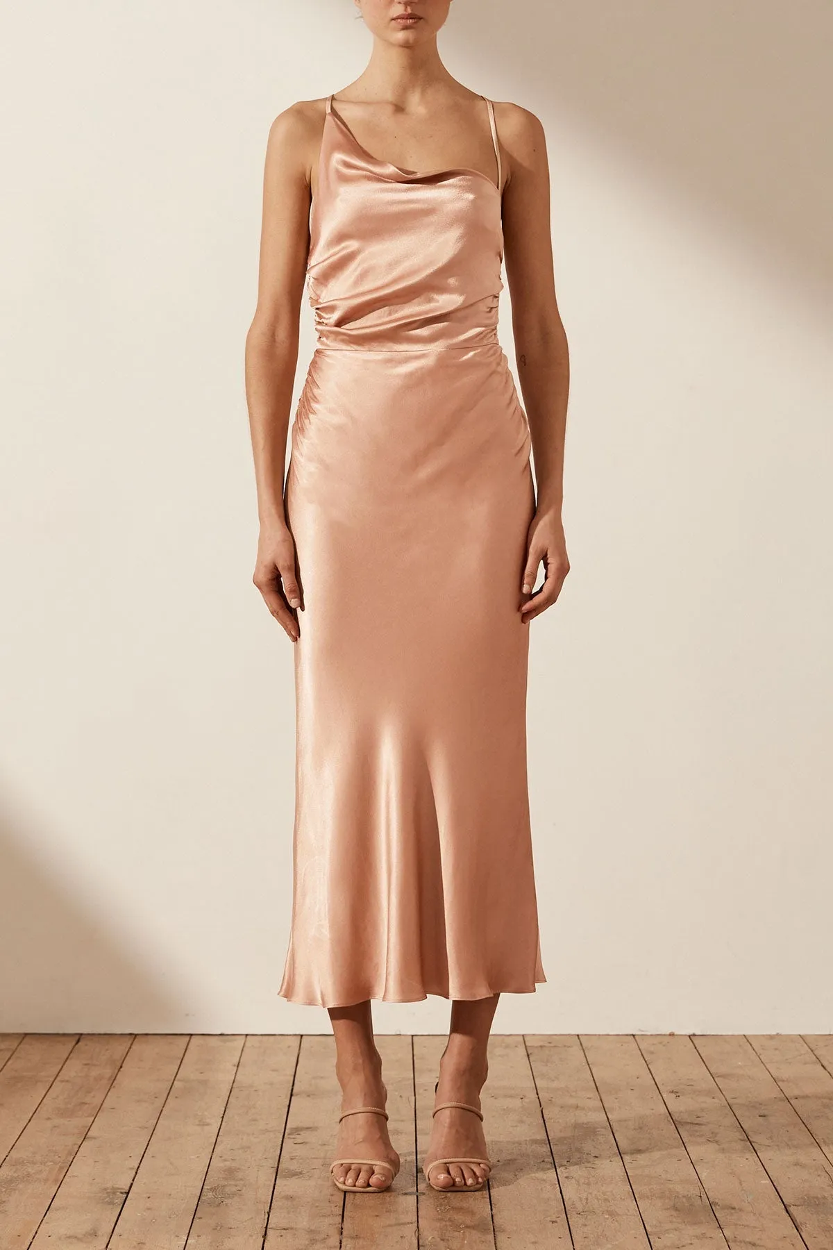 LA LUNE ASYMMETRICAL BIAS COWL MIDI DRESS - DESERT ROSE sold by Shona Joy