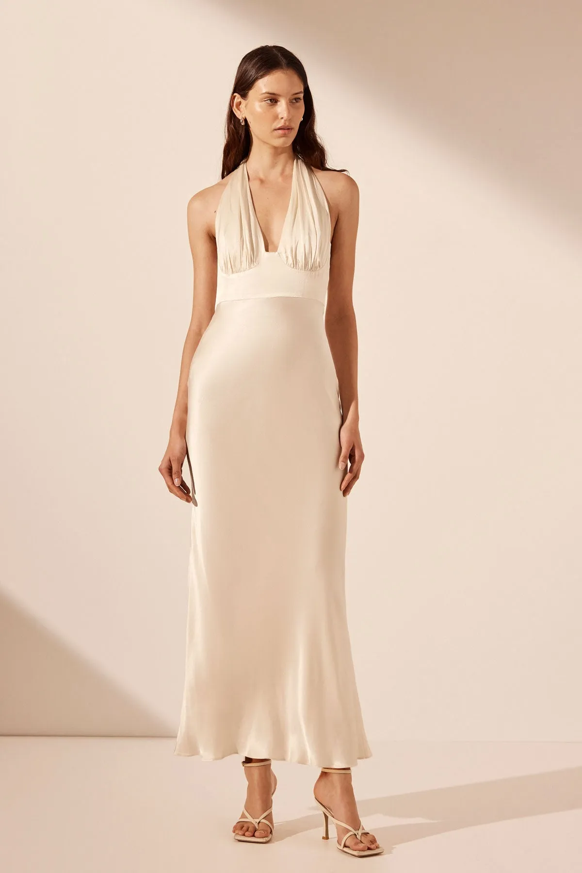 LA LUNE PLUNGED HALTER MIDI DRESS - CREAM | Parallel