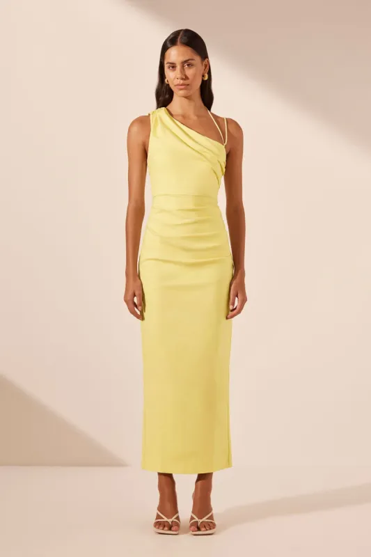 LANI ASYMMETRICAL GATHERED MIDI DRESS - LEMON sold by Shona Joy