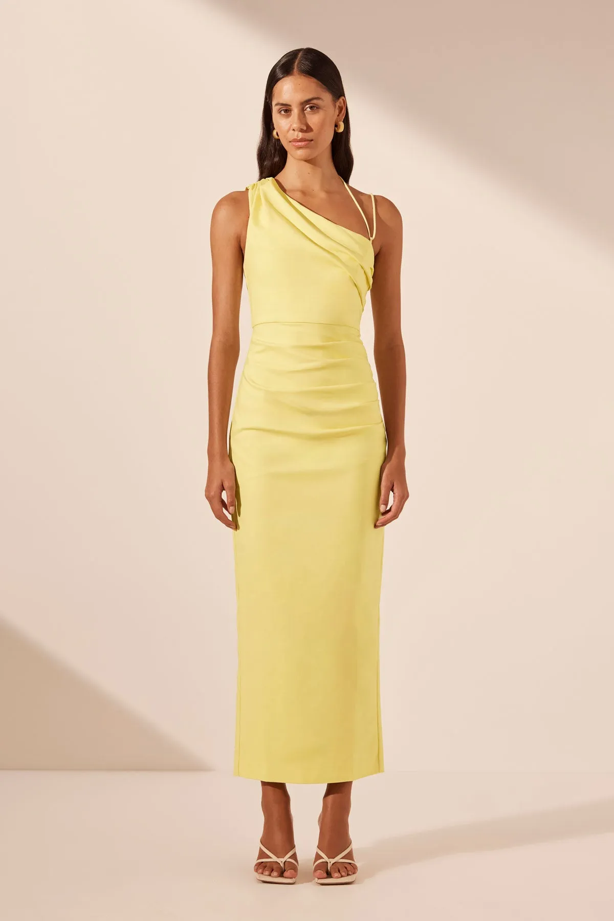 LANI ASYMMETRICAL GATHERED MIDI DRESS - LEMON sold by Shona Joy