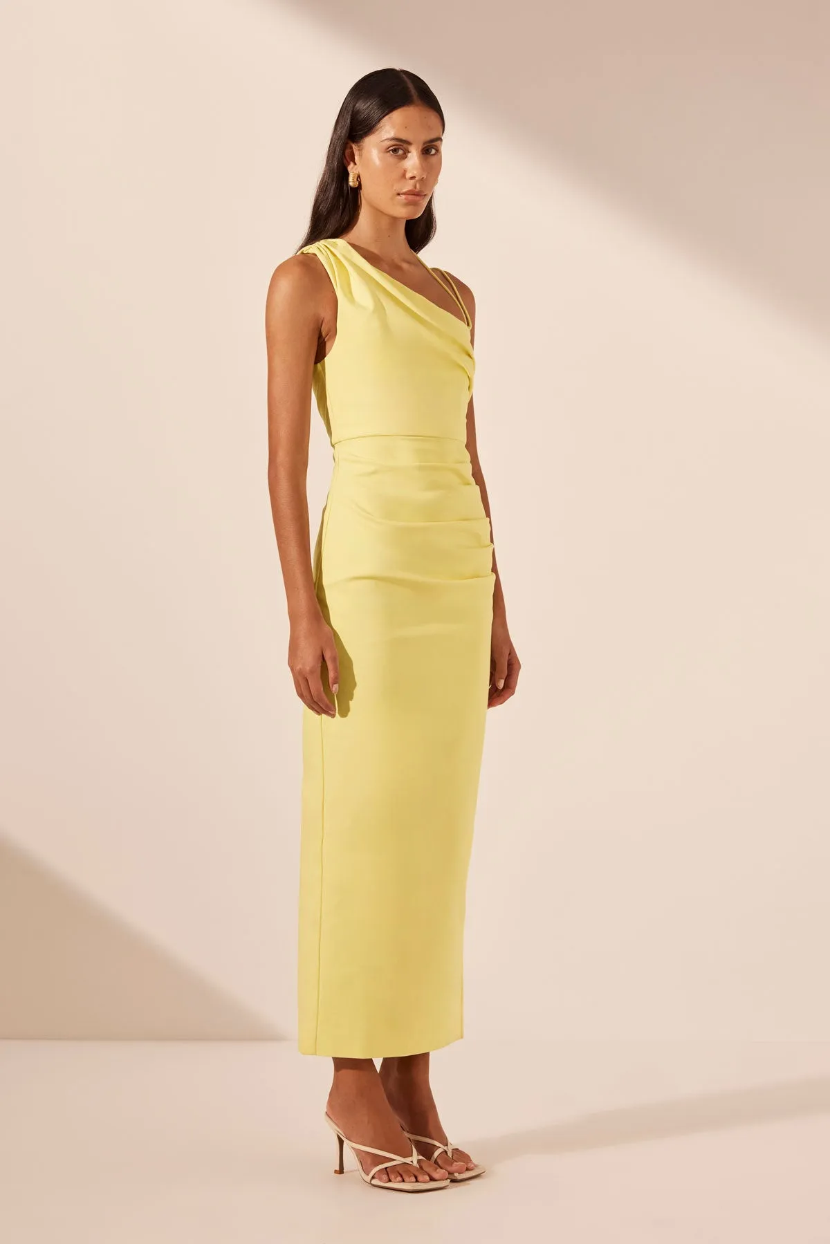 LANI ASYMMETRICAL GATHERED MIDI DRESS - LEMON sold by Shona Joy product image thumbnail 2