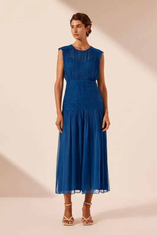 MAYA RUCHED SLEEVELESS MIDI DRESS - STRONG BLUE sold by Shona Joy