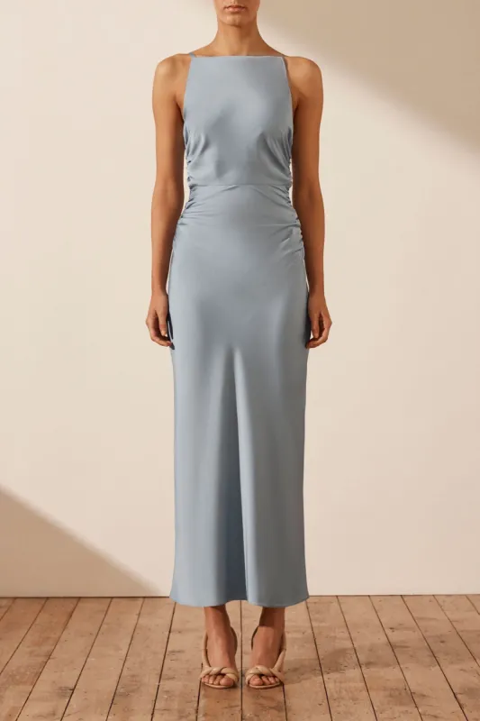 LUXE HIGH NECK RUCHED MIDI DRESS - AZURE sold by Shona Joy