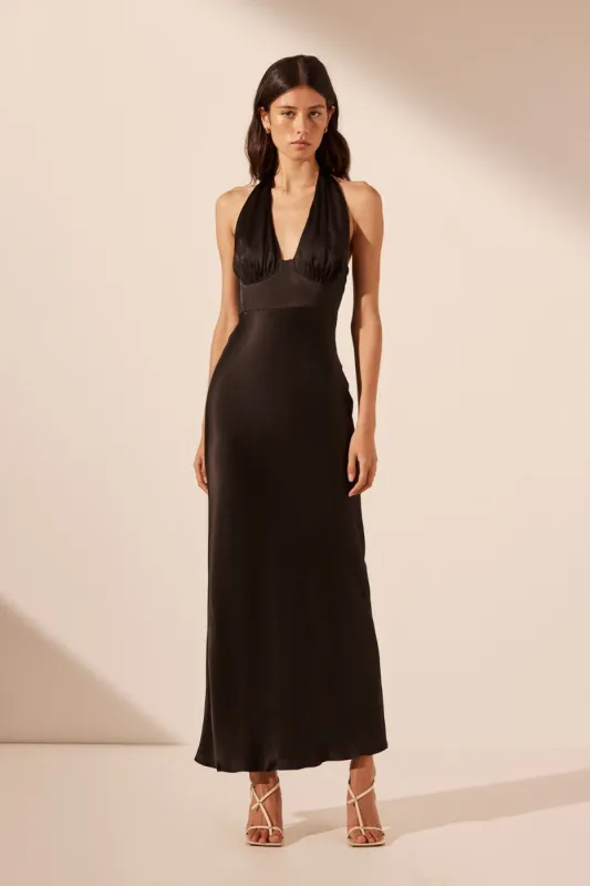 LA LUNE PLUNGED HALTER MIDI DRESS - BLACK sold by Shona Joy