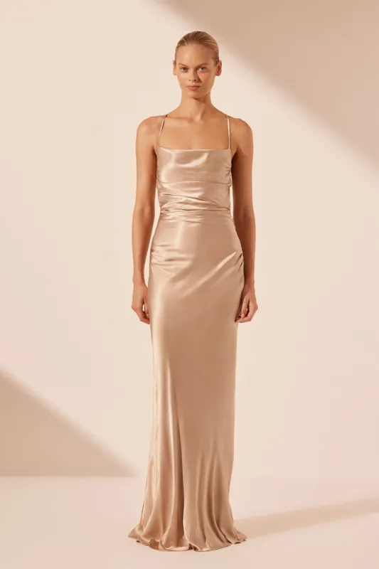 LA LUNE LACE BACK MAXI DRESS - GOLD sold by Shona Joy