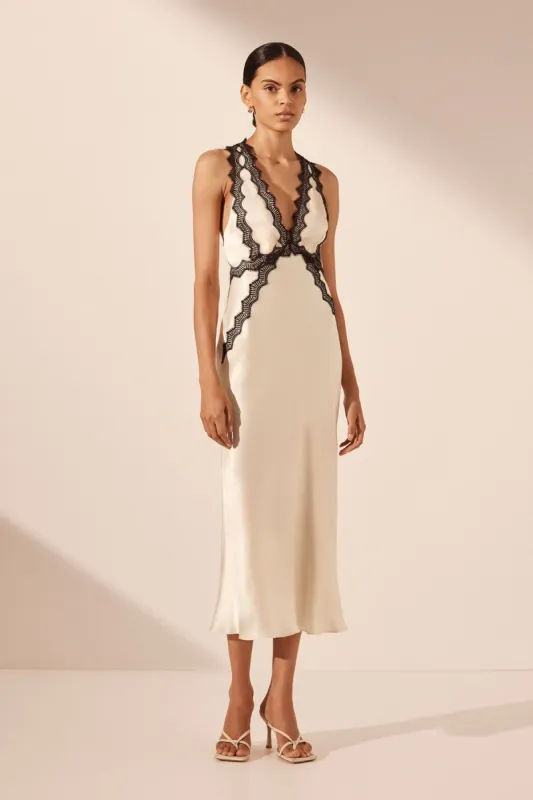 CAMILLE LACE CROSS BACK MIDI DRESS - CREAM/BLACK sold by Shona Joy