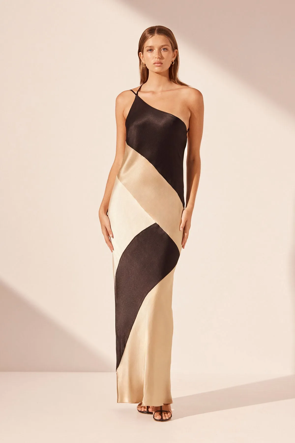 SOFIA CONTRAST ONE SHOULDER COWL BACK MAXI DRESS - BLACK/MULTI sold by Shona Joy