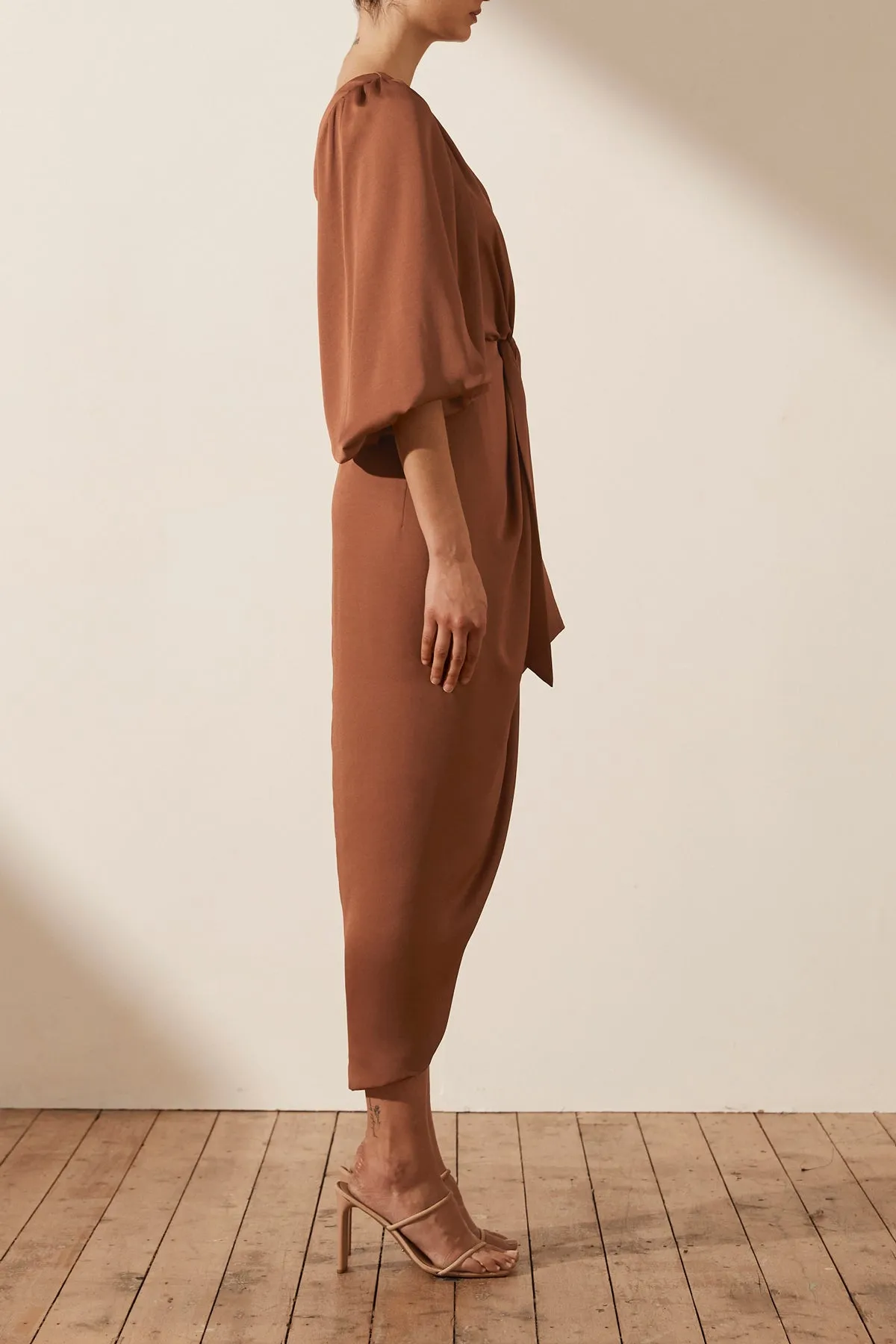 LUXE TIE FRONT ONE SHOULDER DRESS - MOCHA sold by Shona Joy product image thumbnail 3