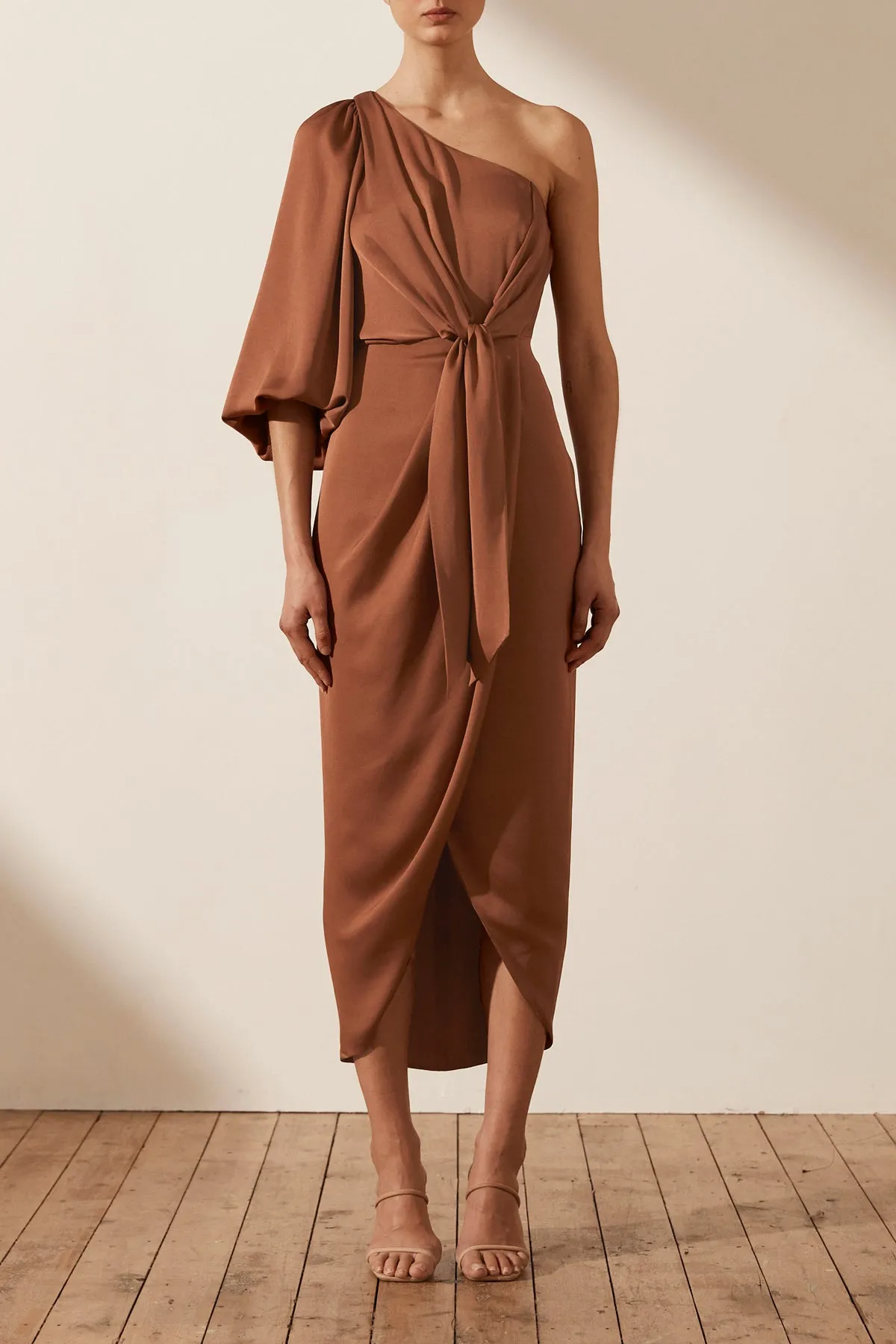 LUXE TIE FRONT ONE SHOULDER DRESS - MOCHA sold by Shona Joy