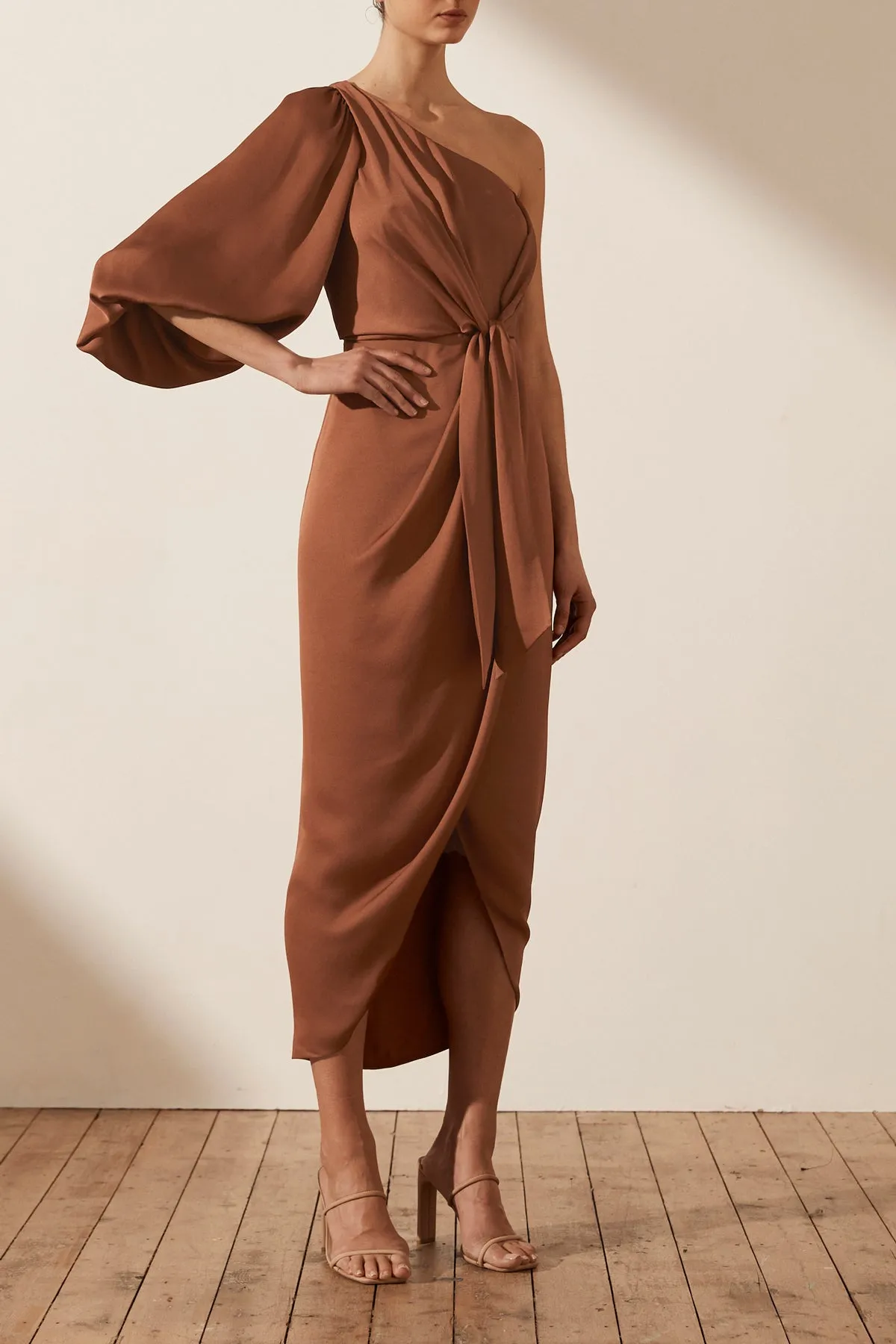 LUXE TIE FRONT ONE SHOULDER DRESS - MOCHA sold by Shona Joy product image thumbnail 2