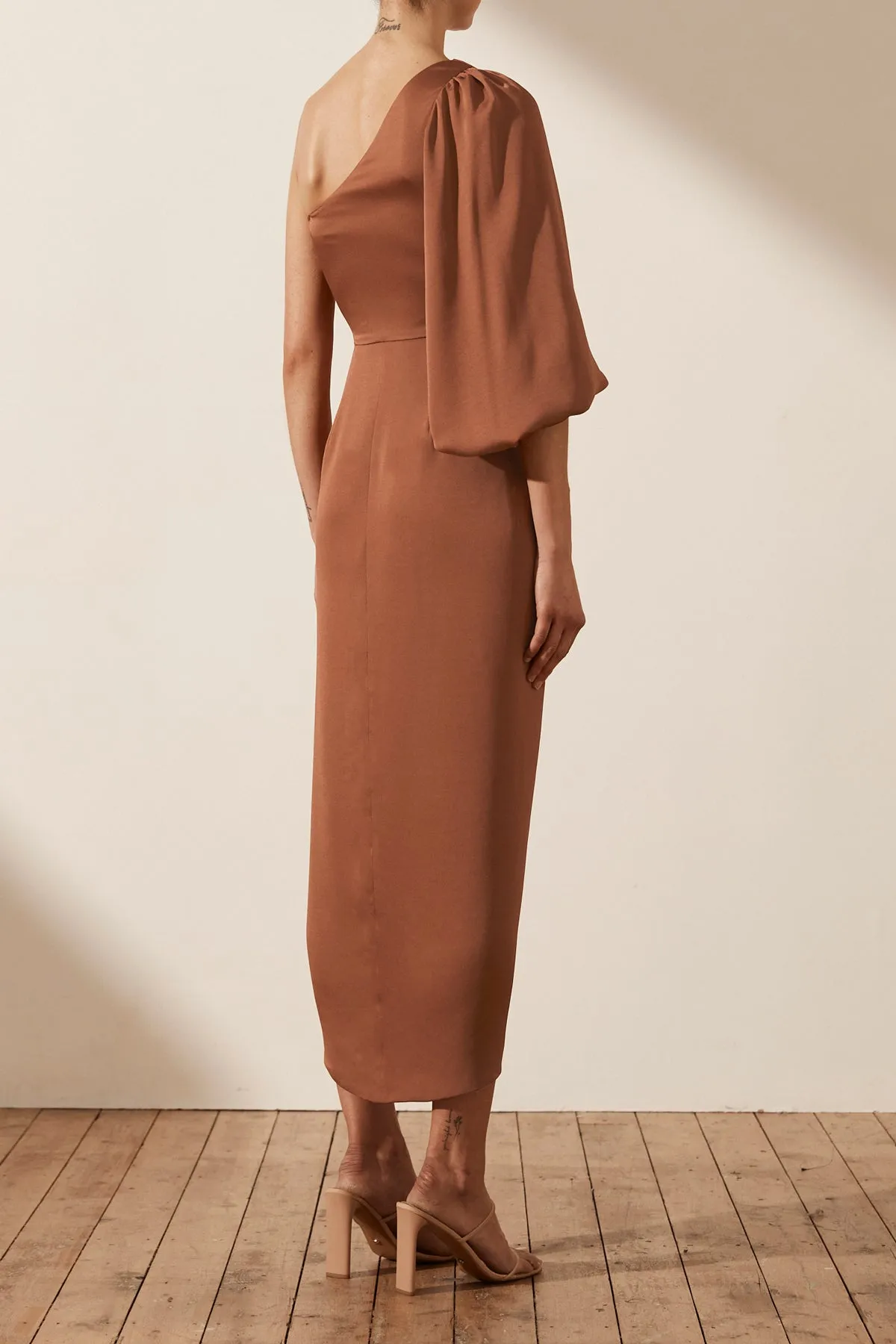 LUXE TIE FRONT ONE SHOULDER DRESS - MOCHA sold by Shona Joy product image thumbnail 4