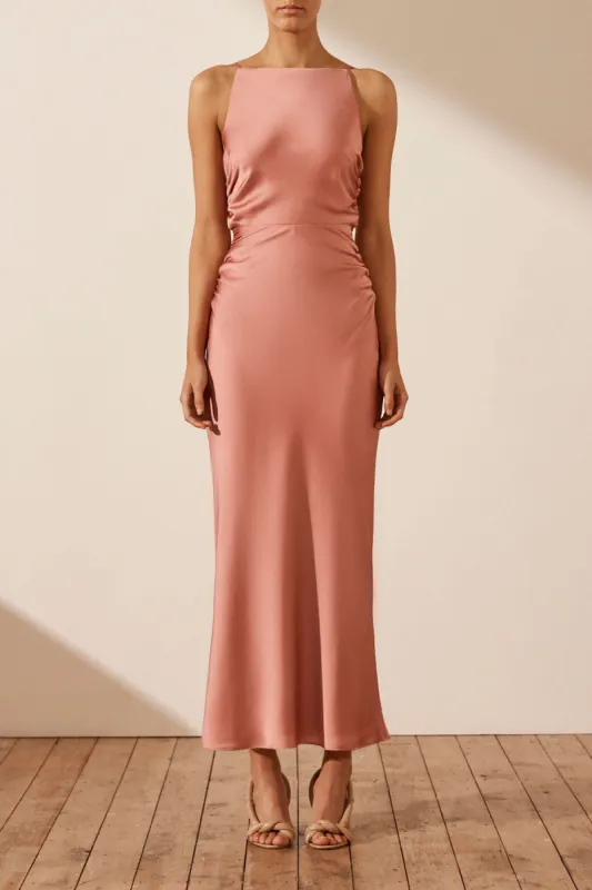 LUXE HIGH NECK RUCHED MIDI DRESS - ROSE sold by Shona Joy