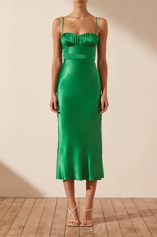LANA CORDED RUCHED MIDI DRESS - TREE GREEN sold by Shona Joy