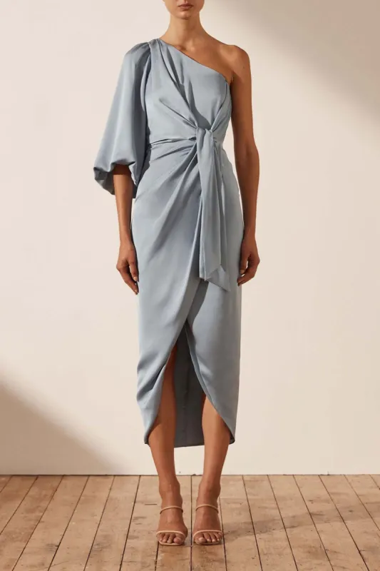 LUXE TIE FRONT ONE SHOULDER DRESS - AZURE sold by Shona Joy