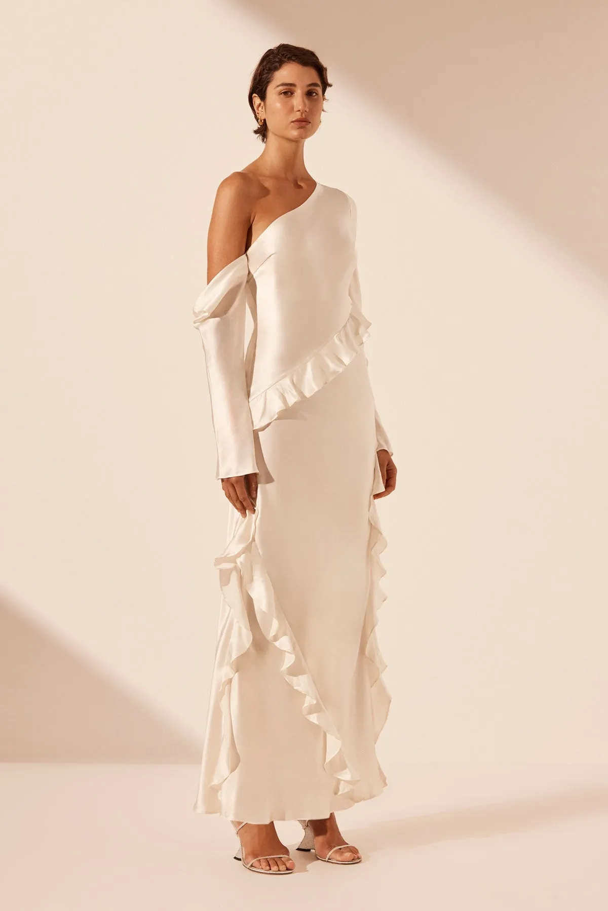 LOUELLA SILK ASYMMETRICAL LONG SLEEVE RUFFLE MAXI DRESS - IVORY | Parallel