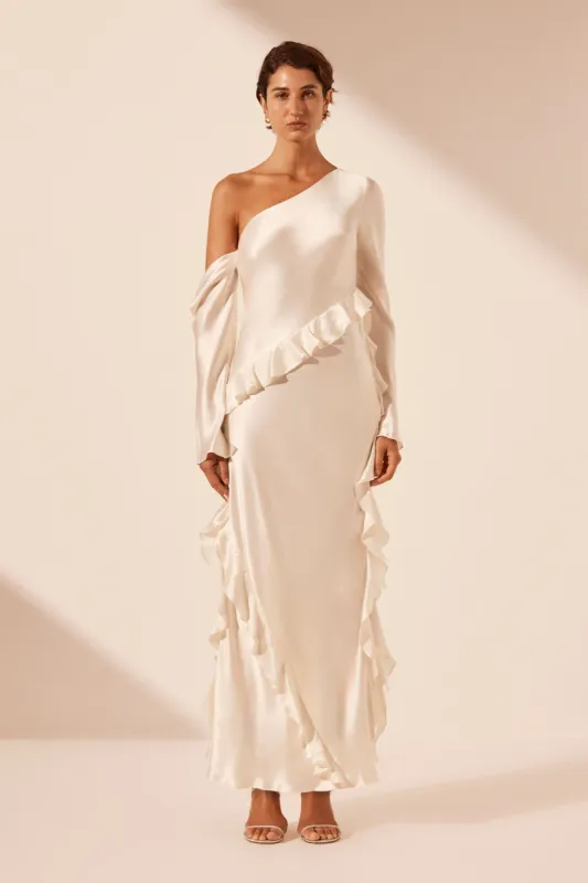 LOUELLA SILK ASYMMETRICAL LONG SLEEVE RUFFLE MAXI DRESS - IVORY sold by Shona Joy