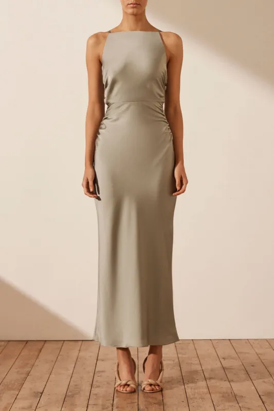 LUXE HIGH NECK RUCHED MIDI DRESS - EUCALYPTUS sold by Shona Joy