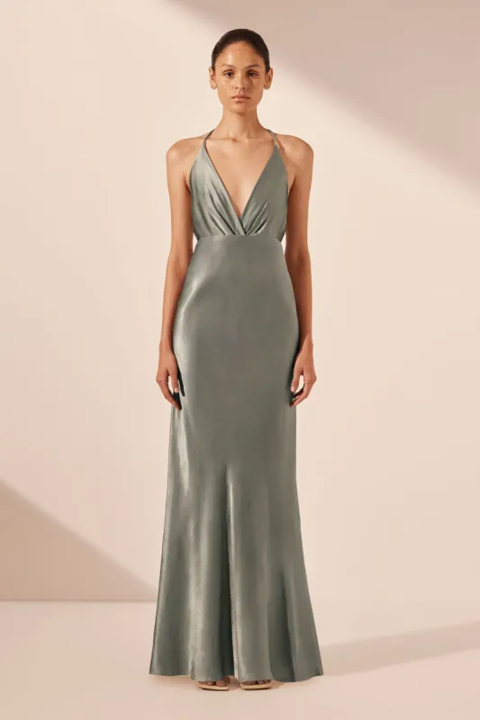 LA LUNE PLUNGED OPEN BACK HALTER MAXI DRESS - SAGE sold by Shona Joy