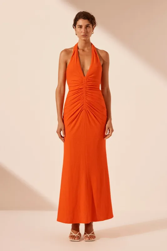 BEAU HALTER RUCHED MIDI DRESS - HIBISCUS sold by Shona Joy