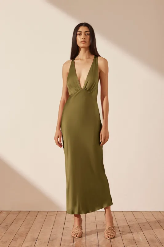 ARIENZO PLUNGED CROSS BACK MIDI DRESS - GREEN OLIVE sold by Shona Joy