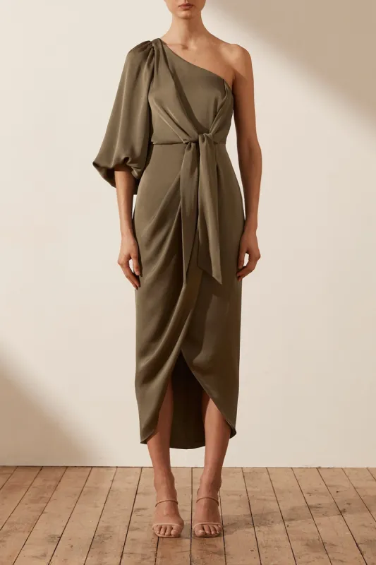 LUXE TIE FRONT ONE SHOULDER DRESS - PINE sold by Shona Joy
