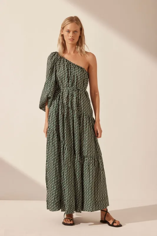 IDA LINEN LONG SLEEVE ONE SHOULDER TIERED MAXI DRESS sold by Shona Joy