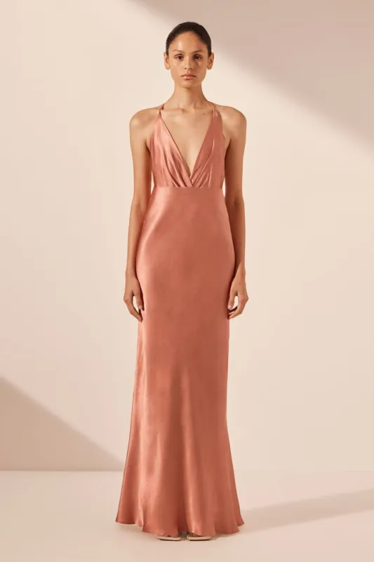 LA LUNE PLUNGED OPEN BACK HALTER MAXI DRESS - ANTIQUE ROSE sold by Shona Joy