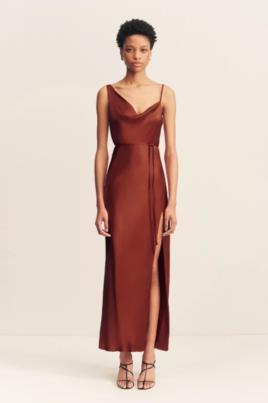 LINO DRAPED SIDE SPLIT MIDI DRESS - MAHOGANY sold by Shona Joy