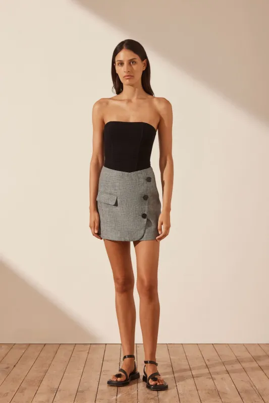 BIRILLA LINEN ASYMMETRICAL BUTTON MINI SKIRT - ASH sold by Shona Joy